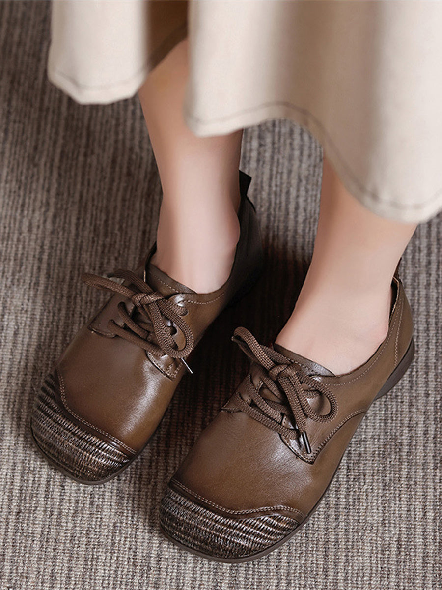 Women Autumn Vintage Leather Spliced Low Heel Shoes