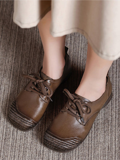 Women Autumn Vintage Leather Spliced Low Heel Shoes