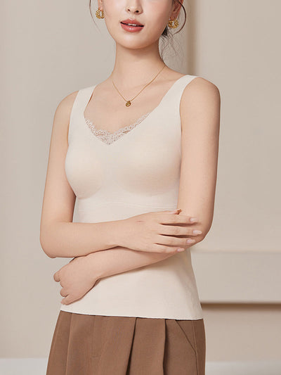 Women Autumn Warm Pure Color V-Neck Lace Base Vest