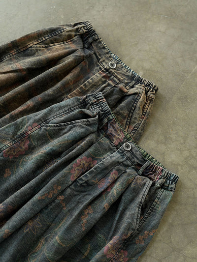 Plus Size Women Winter Retro Flower Denim Spliced Wide-leg Pants