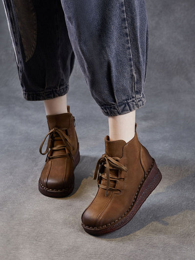 Women Pure Color Genuine Leather Platform Ankle Boots