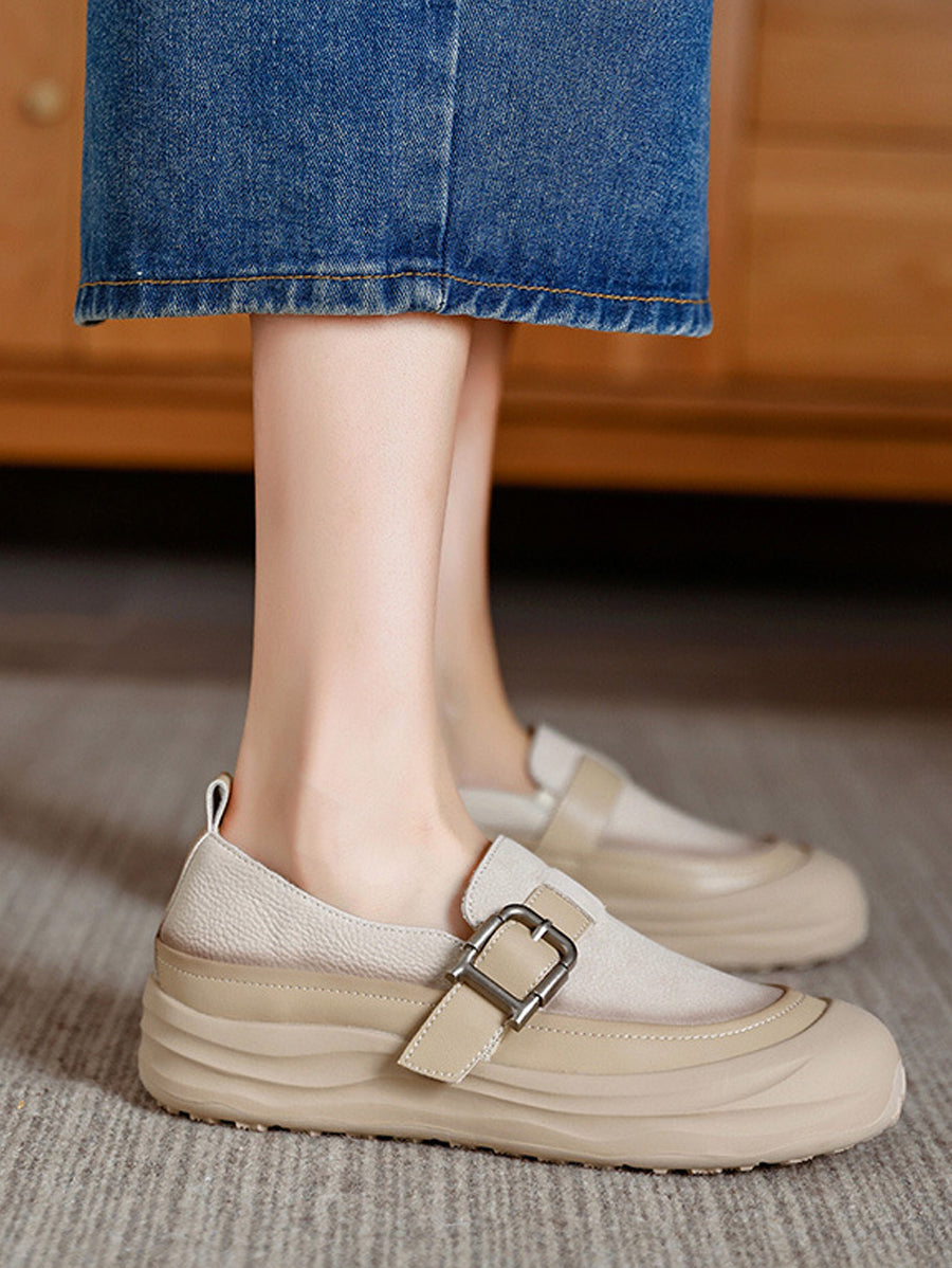 Women Autumn Colorblock Leather Flat Shoes