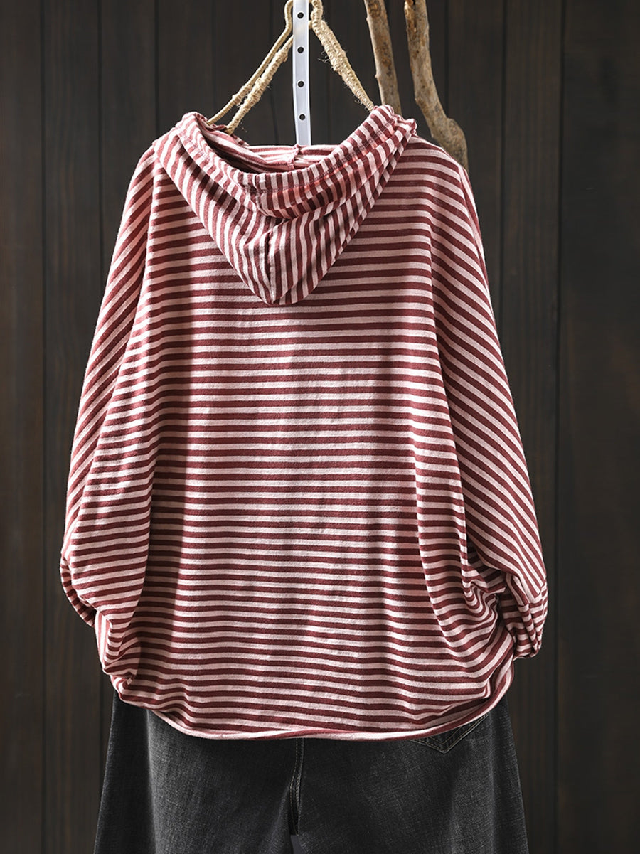 Plus Size Women Autumn Artsy Stripe Cotton Hooded Shirt