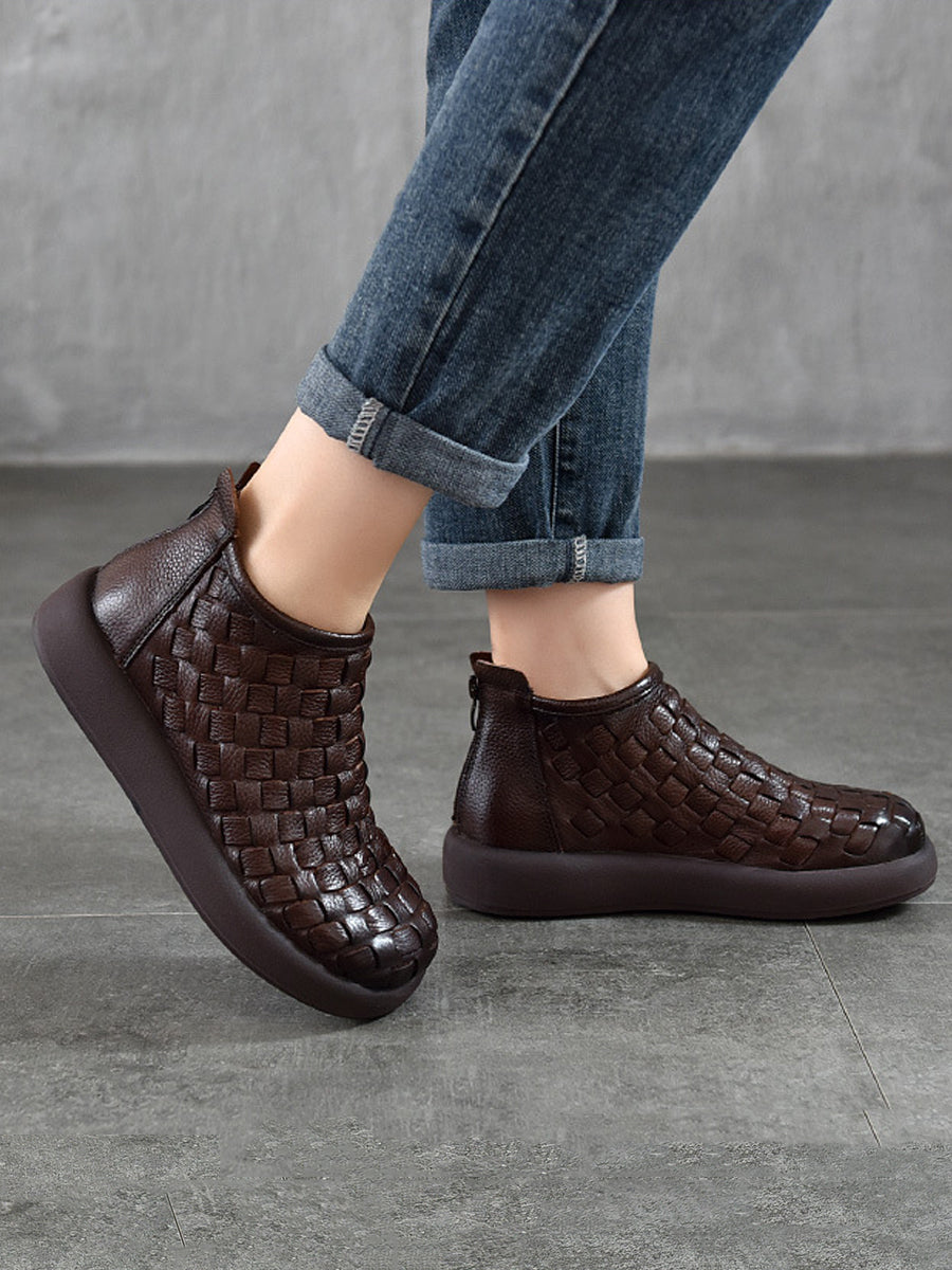 Women Retro Genuine Leather Weave Ankle Boots