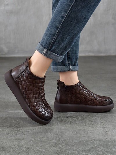 Women Retro Genuine Leather Weave Ankle Boots