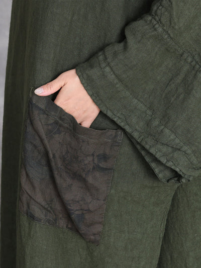 Women Autumn Vintage Spliced O-Neck Linen Maxi Dress