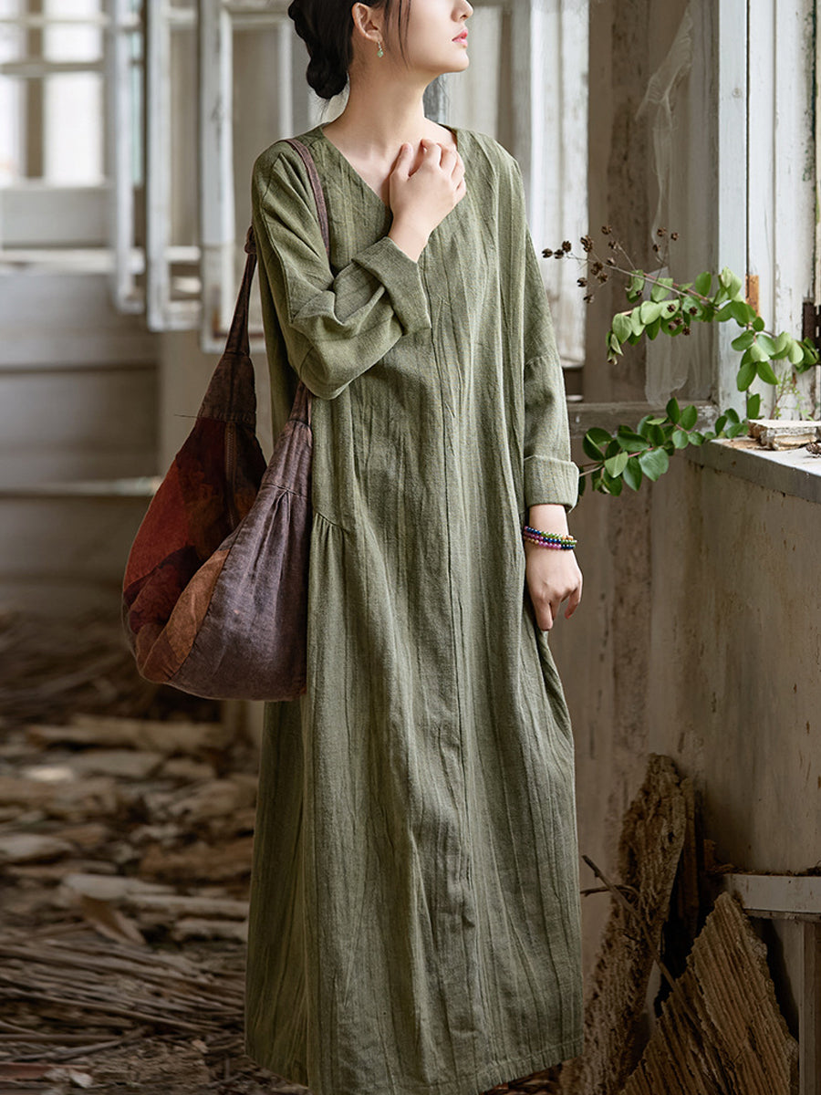Women Summer Retro Pure Color V-Neck Ramie Dress