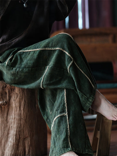 Plus Size Women Summer Retro Spliced Wide-leg Cotton Pants