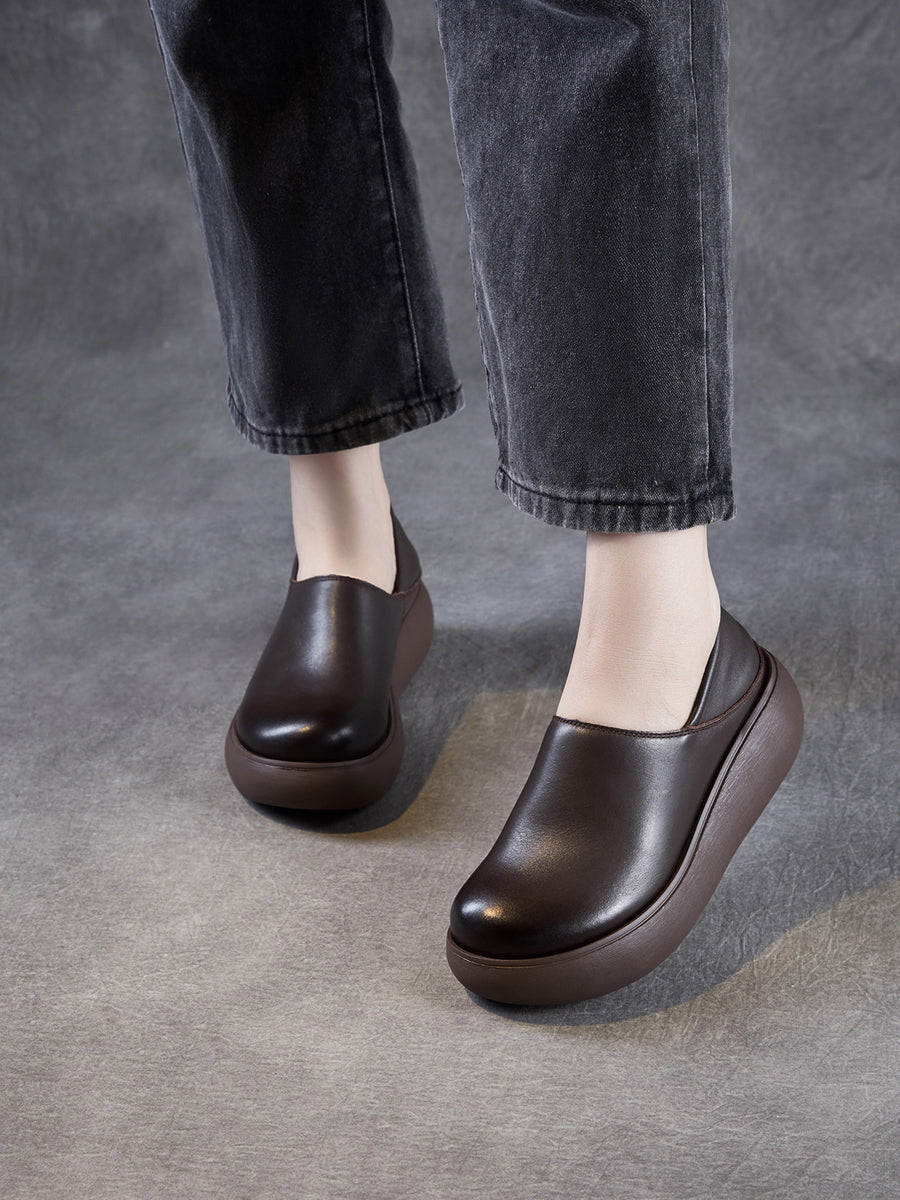 Women Genuine Leather Pure Color Platfrom Shoes