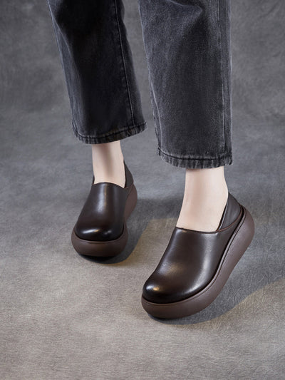 Women Genuine Leather Pure Color Platfrom Shoes