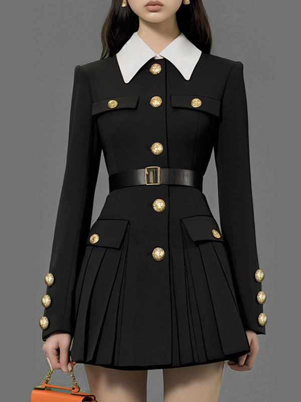 Elasticated Waist Long Sleeves Belted Buttoned Contrast Color Pleated Single-Breasted Lapel Mini Dresses Shirt Dress