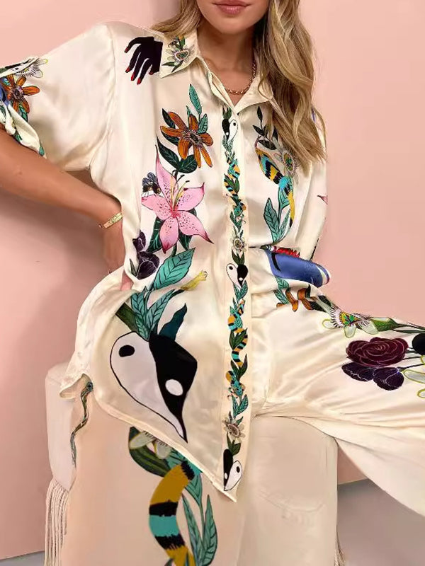 Half Sleeves Loose Buttoned Flower Print Pockets Lapel T-Shirt Top + Drawstring Elasticity Pants Bottom Two Pieces Set