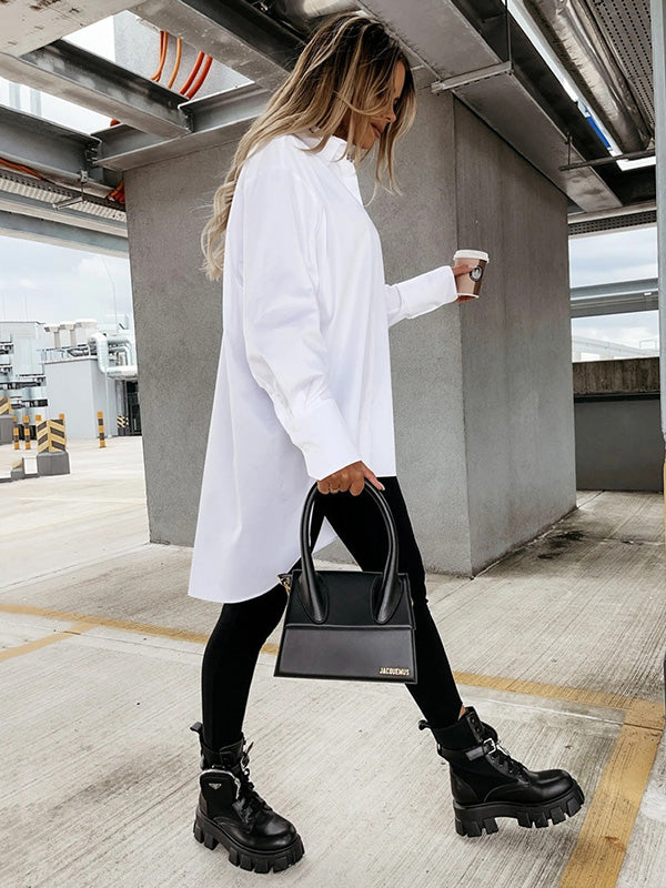 Urban Long Sleeves High-Low Solid Color Lapel Collar Blouses