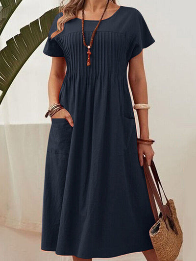 High Waisted Loose Pleated Pockets Solid Color Split-Joint Round-Neck Midi Dresses