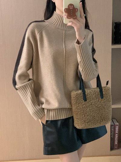 High-Low Long Sleeves Contrast Color Split-Joint Split-Side High Neck Pullovers Sweater Tops