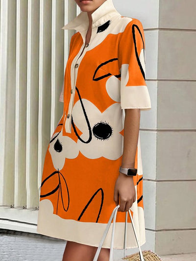 A-Line Half Sleeves Buttoned Contrast Color Flower Print Pockets Stand Collar Mini Dresses