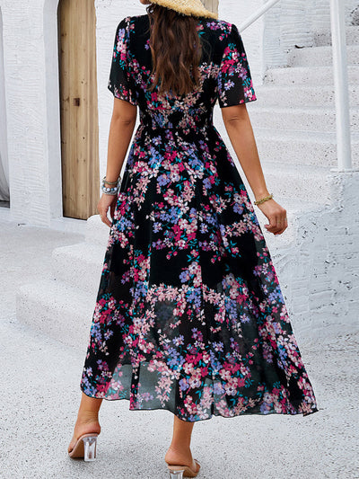 A-Line Elasticated Waist Contrast Color Flower Print Pleated Split-Joint V-Neck Maxi Dresses