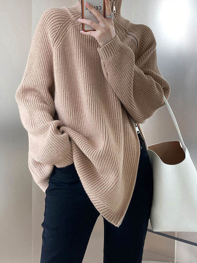 Long Sleeves Loose Split-Joint Split-Side Zipper High Neck Sweater Tops