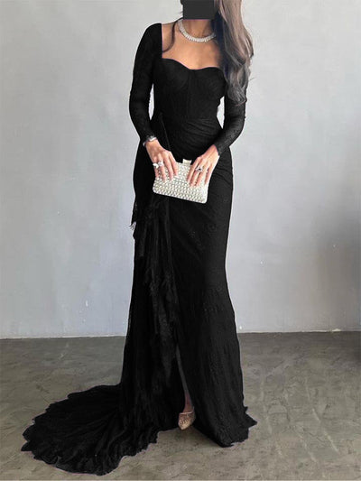 Long Sleeves Mermaid Mesh See-Through Split-Side Square-Neck Evening Dresses Maxi Dresses