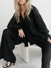 Flared Sleeves Long Sleeves Buttoned Drawstring Pleated Solid Color Split-Side Lapel Shirts Top + Pants Bottom Pajama Sets