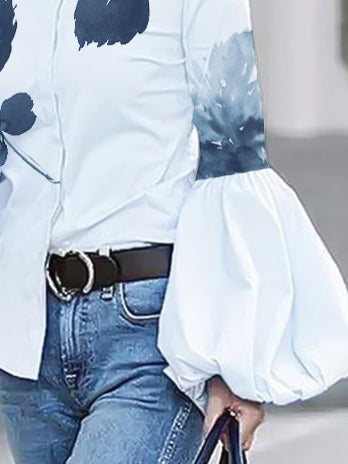 Long Sleeves Loose Buttoned Leaves Print High-Neck Blouses&Shirts Tops
