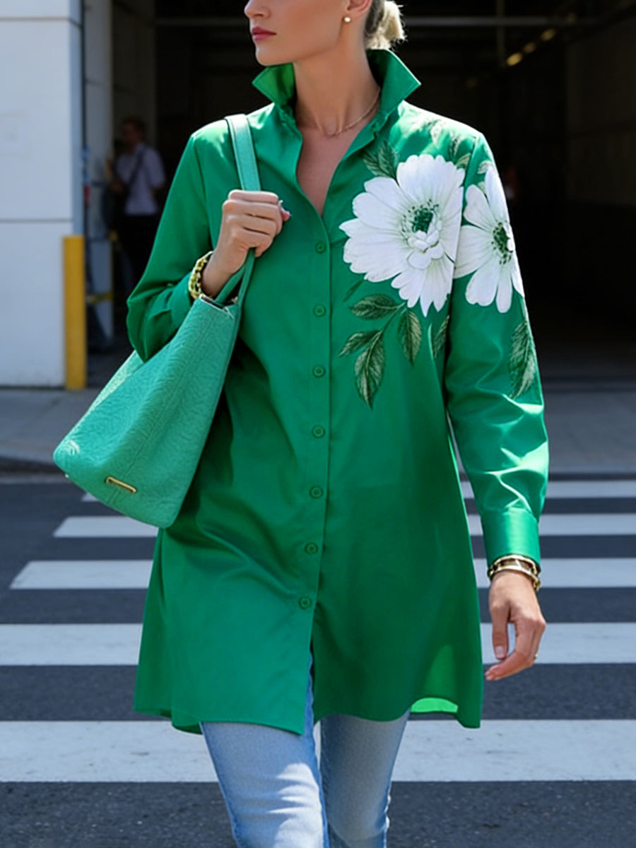 High-Low Long Sleeves Buttoned Flower Print Lapel Blouses&Shirts Tops