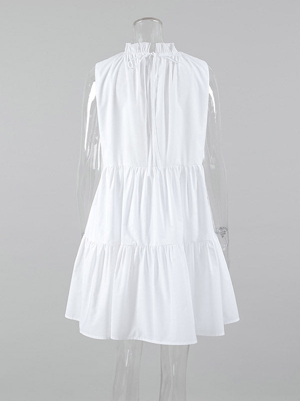 A-Line Loose Pleated Ruffled Solid Color Split-Joint Round-Neck Mini Dresses Shirt Dress