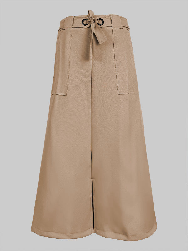 High Waisted Loose Split-Front Split-Joint Tied Waist Skirts