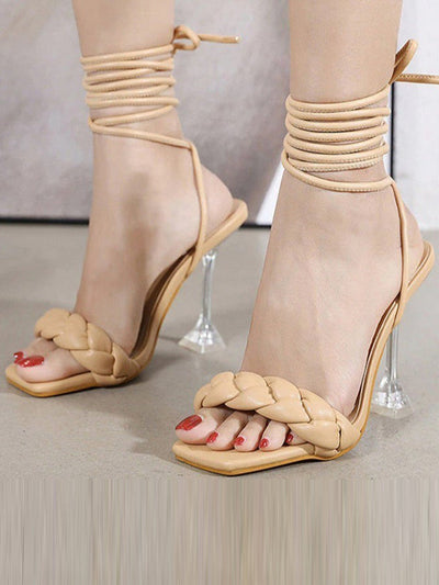 Lace-Up Open Toe Split-Joint Square-Toe Pumps Sandals