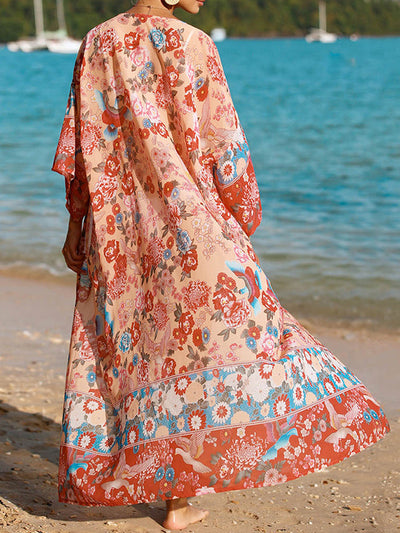 Long Sleeves Loose Flower Print Sun protection Collarless Cover-Ups Tops