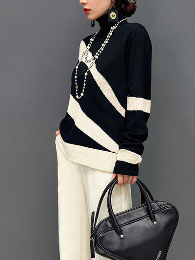 Long Sleeves Loose Contrast Color High Neck Sweater Tops