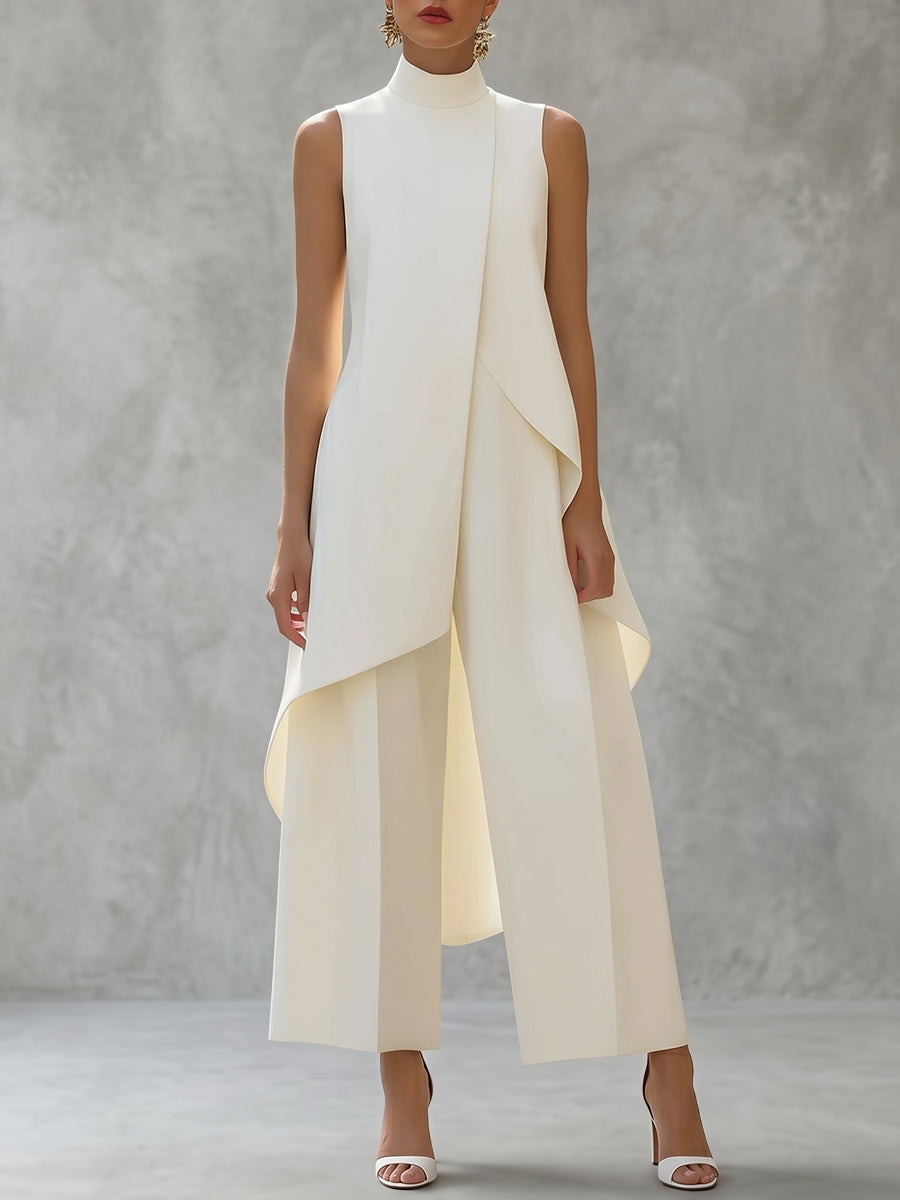 Solid Color Mock Neck High-Low Blouses&Shirts Tops + High Waisted Pants Trousers Two Pieces Set