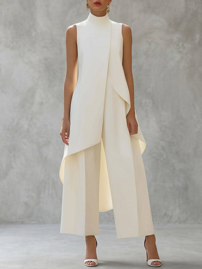 Solid Color Mock Neck High-Low Blouses&Shirts Tops + High Waisted Pants Trousers Two Pieces Set