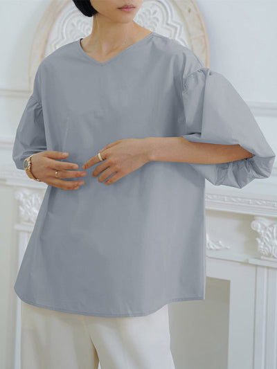 Half Sleeves Loose Solid Color V-Neck Blouses&Shirts Tops