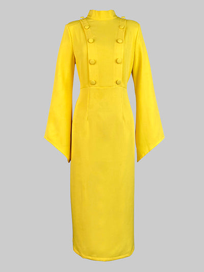 Flared Sleeves High Waisted Buttoned Solid Color Mock Neck Midi Dresses