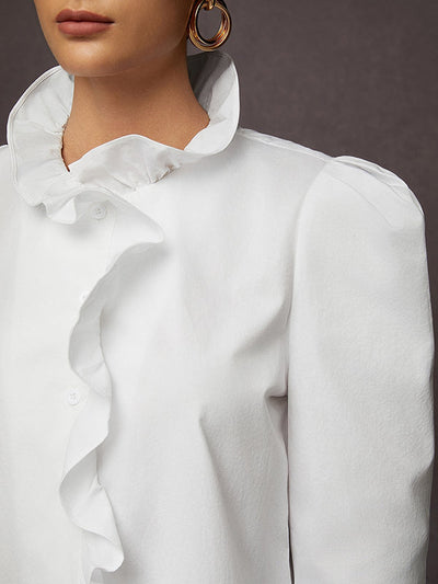 Loose Puff Sleeves Ruffled Solid Color Split-Joint Stand Collar Blouses&Shirts Tops