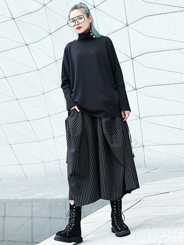 High Waisted Loose Elasticity Pockets Striped Culotte Pants