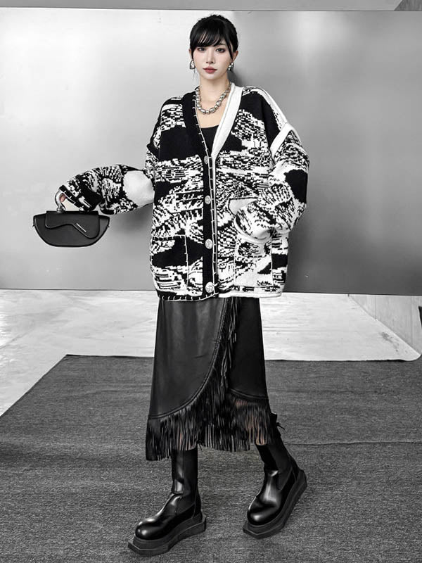 Long Sleeves Loose Abstract Printed Buttoned Contrast Color Pockets Split-Joint Collarless Cardigan Tops Outerwear
