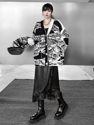 Long Sleeves Loose Abstract Printed Buttoned Contrast Color Pockets Split-Joint Collarless Cardigan Tops Outerwear