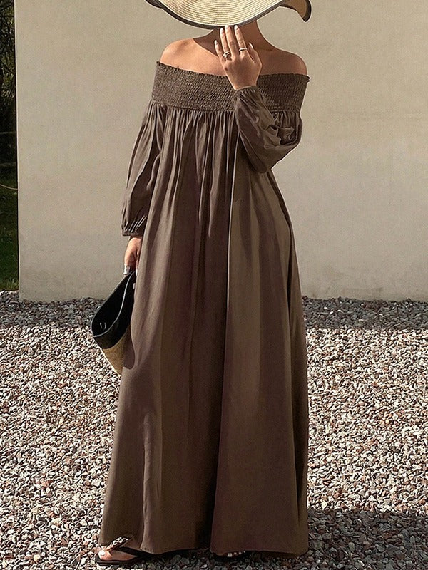 Loose Puff Sleeves Elasticity Pleated Solid Color Off-The-Shoulder Maxi Dresses
