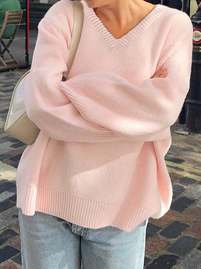 Long Sleeves Loose Ribs Solid Color V-Neck Sweater Tops