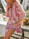 A-Line Loose Buttoned Contrast Color Flower Print Pleated V-Neck Mini Dresses