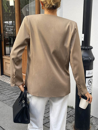 Long Sleeves Loose Buttoned Solid Color Split-Joint Collarless Blazer Outerwear
