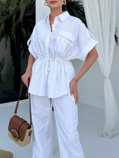 Loose Drawstring Split-Joint Tied Waist Lapel Blouse + High Waisted Pants Trousers Two Pieces Set