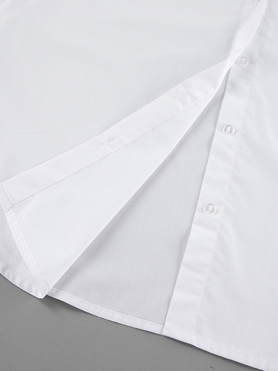 Flared Sleeves Long Sleeves Buttoned Pleated Solid Color Split-Joint Lapel Blouses&Shirts Tops