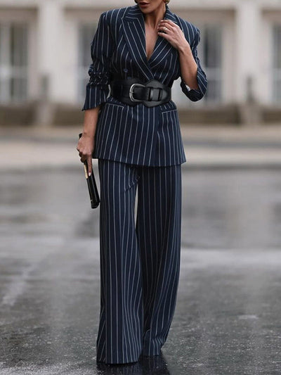 Long Sleeves Belted Striped Notched Collar Blazer Outerwear