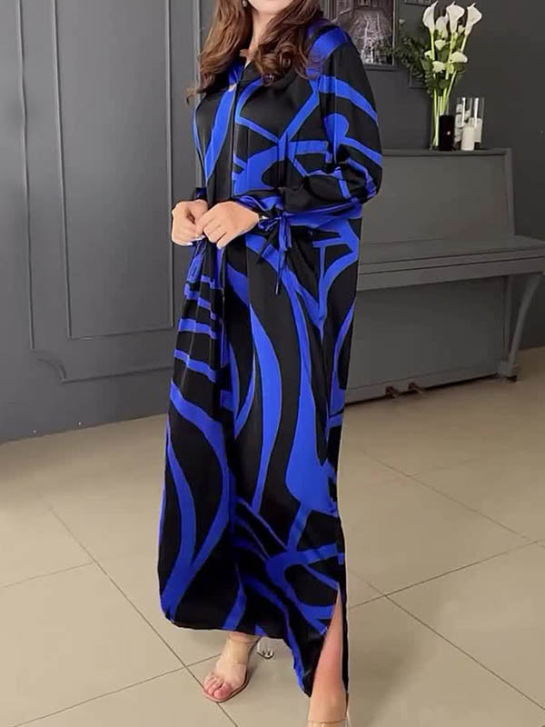 A-Line Long Sleeves Contrast Color V-Neck Maxi Dresses Shirt Dress
