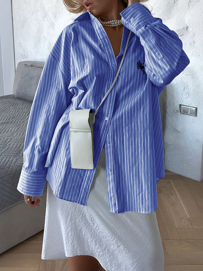 Long Sleeves Loose Buttoned Pockets Striped Lapel Blouses&Shirts Tops