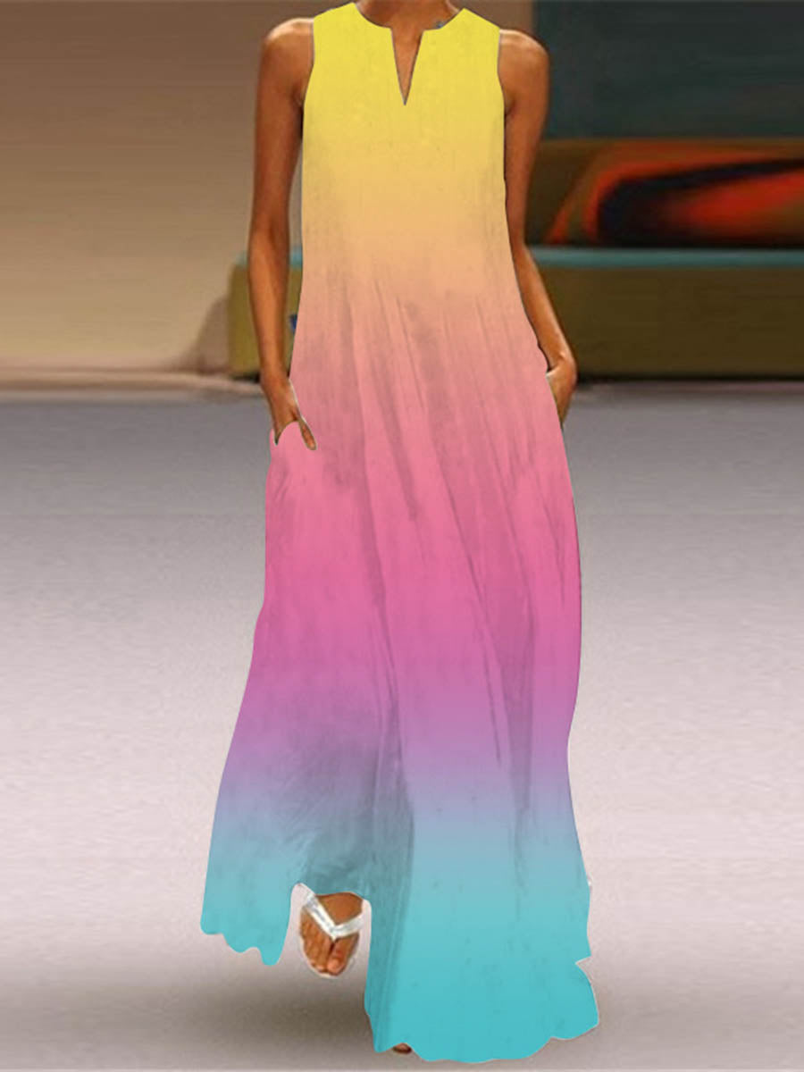 A-Line Loose Contrast Color Pockets Printed Split-Joint V-Neck Maxi Dresses
