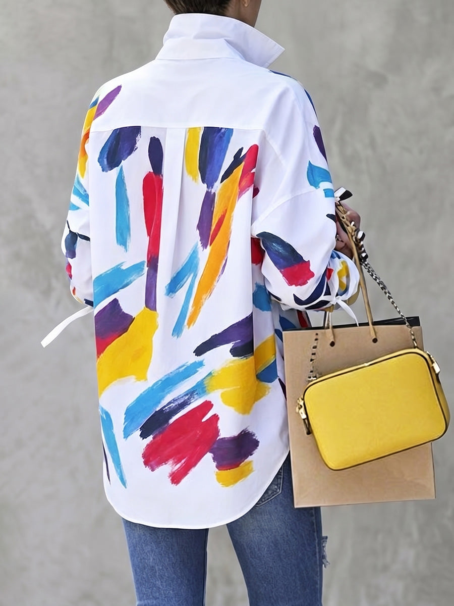 Long Sleeves Loose Buttoned Contrast Color Tied Lapel Blouses&Shirts Tops